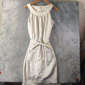 Chico's Womens Cream Sleeveless Belted Sheath Dress Pockets Size 1(S) Scoop Neck
